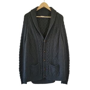 VTG Y2K Merona Unisex Gray Chunky Cable Knit Cardigan XL Pocket Button-Up Grunge